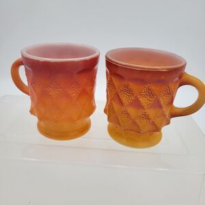 Vintage Anchor Hocking Fire King Orange Ombre Kimberly Diamond Mugs Set /2 Mugs